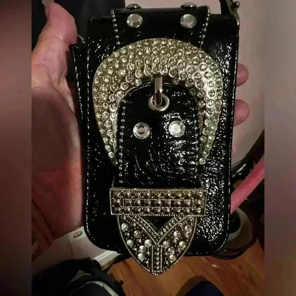 Black Patent Leather Western Rodeo Crossbody Phone Case Purse Bedazzle Bling - Picture 7 of 7